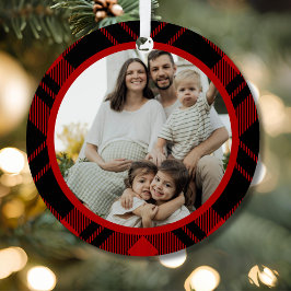 Red Black Tartan Plaid Family Photo Ornament Aus Metall