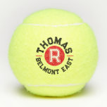 Red Black text Sport Custom Monogram Name and team Tennisbälle<br><div class="desc">Personalisierte Bälle mit Ihrem Namen und Familiennamen Erstklassigkeit und Mannschaft,  Club oder Spielplatz. Derzeit liest Thomas R Belmont East. Personalisieren Sie diese roten Kreise Monogramm und schwarzen Text Sport Stil Bälle mit Ihrem eigenen Namen und Anfangs- und Teamname oder Club. Designed by www.mylittleeden.com on zazzle.</div>