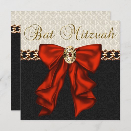 Red Black und Gold Bat Mitzvah Einladung (Vorne/Hinten)