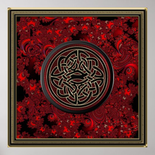 Red Black und Metallic Gold Celtic Knot on Fraktal Poster (Vorne)
