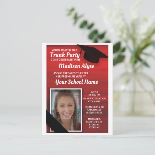 Red Black Uni Trunk Party Foto Einladungspostkarte (Stehend Vorderseite)