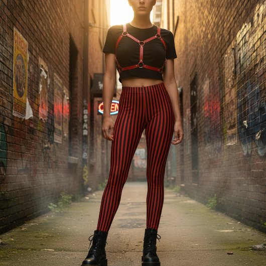 Red & Black Vertical Striped Leggings
