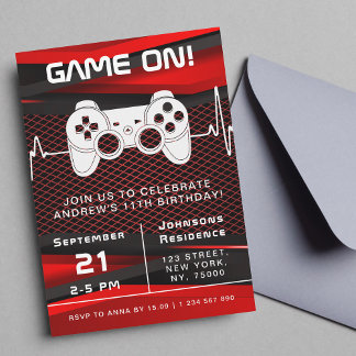 Red & Black Video Game Gaming Kinderparty Einladung