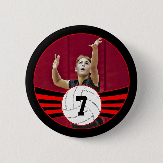 Red & Black Volleyball Foto & Jersey Nummer Button (Vorderseite)