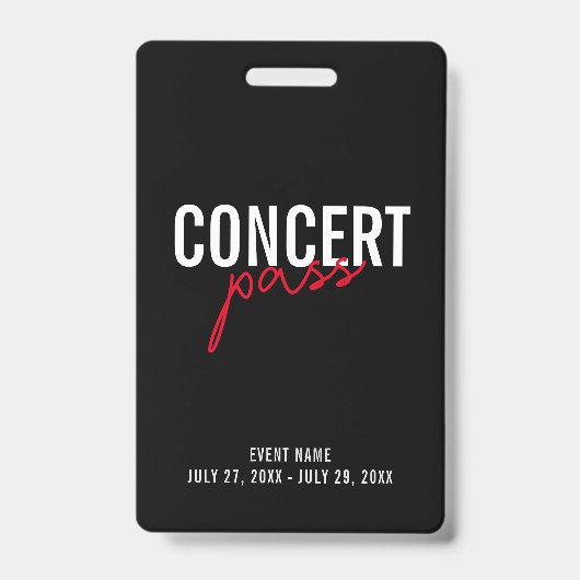 Red Black & White Concert Pass Custom ID Abzeichen Ausweis (Vorderseite)