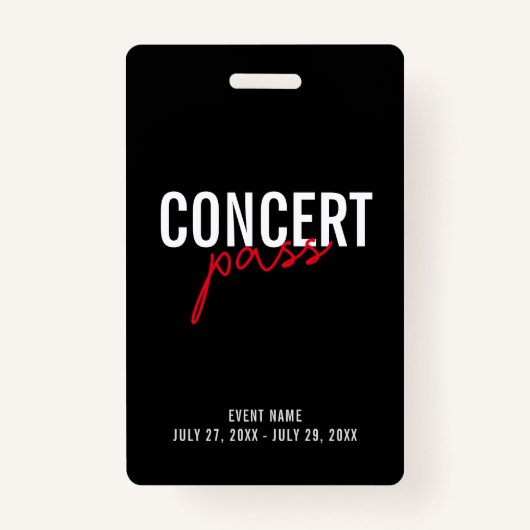 Red Black & White Concert Pass Custom ID Abzeichen Ausweis (Vorderseite)