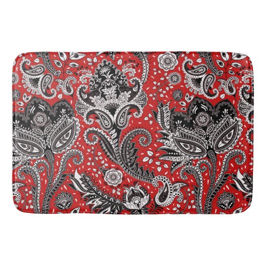 Red Black & White Floral Paisley Bohemisch Boho Badematte (Vorderseite)