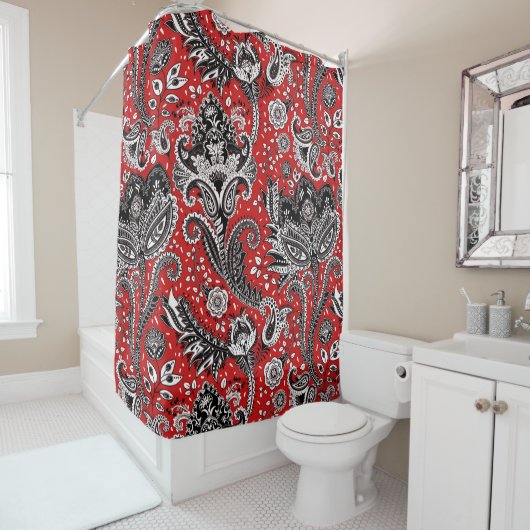 Red Black & White Floral Paisley Bohemisch Boho Duschvorhang (Beispiel)