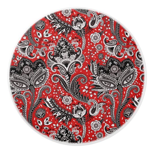 Red Black & White Floral Paisley Bohemisch Boho Keramikknauf (Vorderseite)