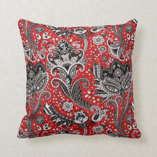 Red Black & White Floral Paisley Bohemisch Boho Kissen