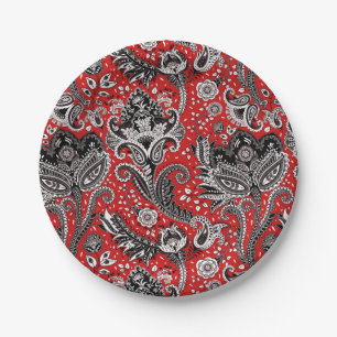 Red Black & White Floral Paisley Bohemisch Boho Pappteller