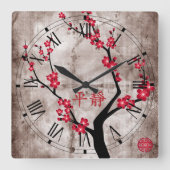 Red blossom tree quadratische wanduhr (Vorderseite)