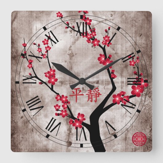 Red blossom tree quadratische wanduhr (Vorderseite)