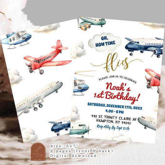 Red Blue Airplane Erstgeburtstag Junge Einladung