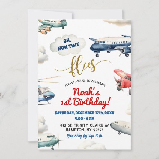 Red Blue Airplane Erstgeburtstag Junge Einladung (Vorderseite)