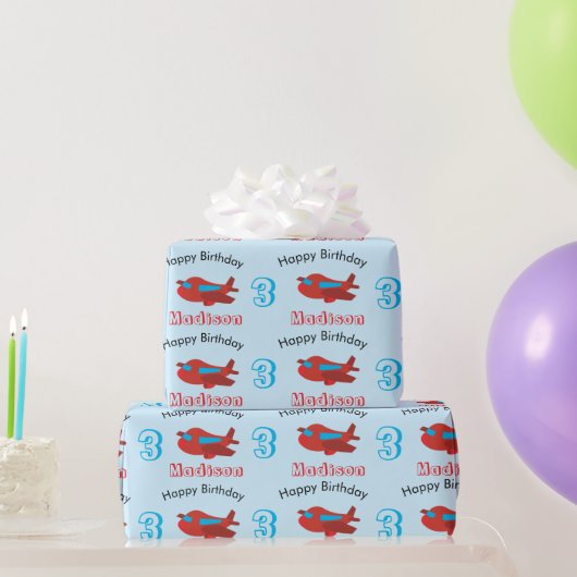 Red & Blue Airplane Muster Geburtsname & Alter Geschenkpapier (Partygeschenke)