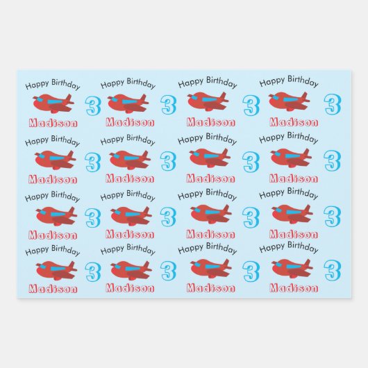 Red & Blue Airplane Muster Geburtsname & Alter Geschenkpapier Set (Vorderseite)