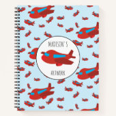 Red & Blue Airplane Muster Kids Name Sketchbook Notizblock (Vorderseite)
