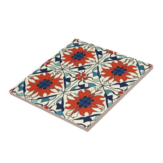 Red Blue and Off White Pattern Ceramic Tile Fliese (Seite)