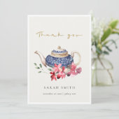 Red Blue Aquarell Teapot Blumenkohl Tee Party Dankeskarte (Stehend Vorderseite)