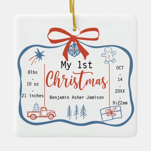 Red & Blue Baby Boy's 1. Weihnachtsgeburtstage Keramikornament (Vorderseite)