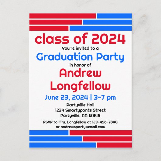 Red & Blue Bars Graduation Party Einladungspostkarte (Vorderseite)