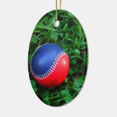 Red & Blue Baseball mit weißem Stitching Keramik Ornament (Links)