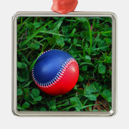 Red & Blue Baseball mit weißem Stitching Silbernes Ornament