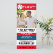 Red Blue Baseball Ticket Couples Baby Dusche Foto Einladung (Stehend Vorderseite)
