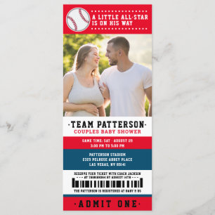 Red Blue Baseball Ticket Couples Baby Dusche Foto Einladung