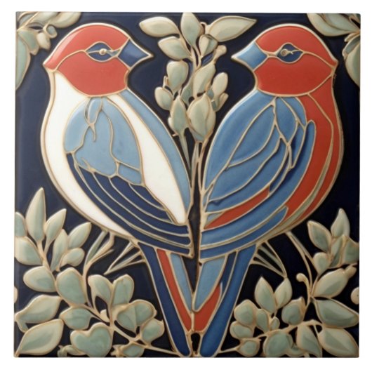 Red Blue Bird Couple - Jugendstil Art Deco Birds Fliese (Vorderseite)