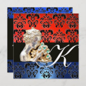 RED BLUE, BLACK, WHITE DAMASK JEWEL MONOGRAM EINLADUNG (Vorne/Hinten)