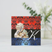 RED BLUE, BLACK, WHITE DAMASK JEWEL MONOGRAM EINLADUNG (Stehend Vorderseite)