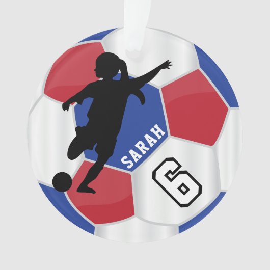 Red, Blue, Black & White Girl ⚽ Soccer Player - DI Ornament (Vorderseite)
