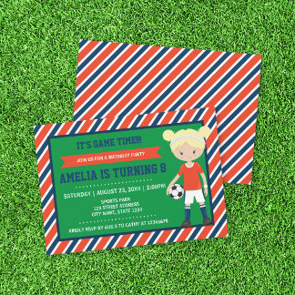 Red Blue Blonde Girl Soccer Einladung zum Geburtst