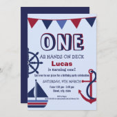 Red & Blue Boys Erster Geburtstag Nautic Einladung (Vorne/Hinten)