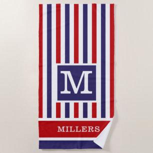 Red Blue Cabana Stripe Familienname Monogram Strandtuch