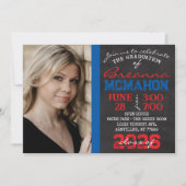 Red & Blue Chalkboard Abschluss Foto Einladung (Vorderseite)