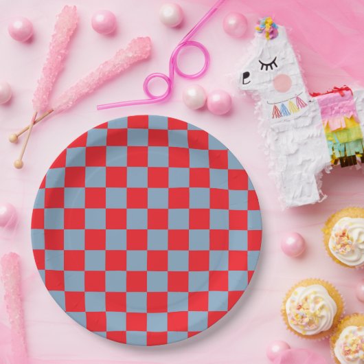 Red Blue Checkered Gingham Pattern Pappteller (Party)
