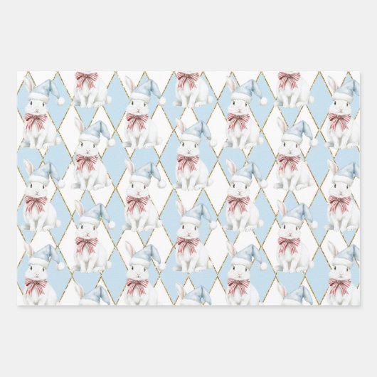 Red Blue Christmas Magic Santa Bunny Rabbit Geschenkpapier Set (Vorderseite)