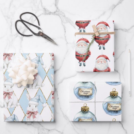 Red Blue Christmas Magic Santa Bunny Rabbit Geschenkpapier Set (Vorderseite)