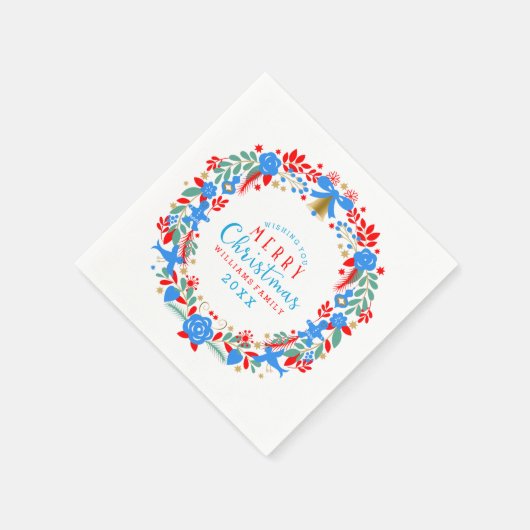 Red & Blue Christmas Wreath Frohe Weihnachten Serviette (Ecke)