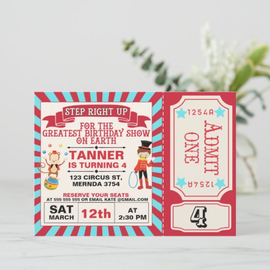 Red Blue Circus Ticket Geburtstag Einladung (Stehend Vorderseite)