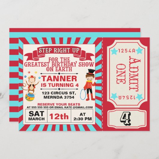 Red Blue Circus Ticket Geburtstag Einladung (Vorne/Hinten)