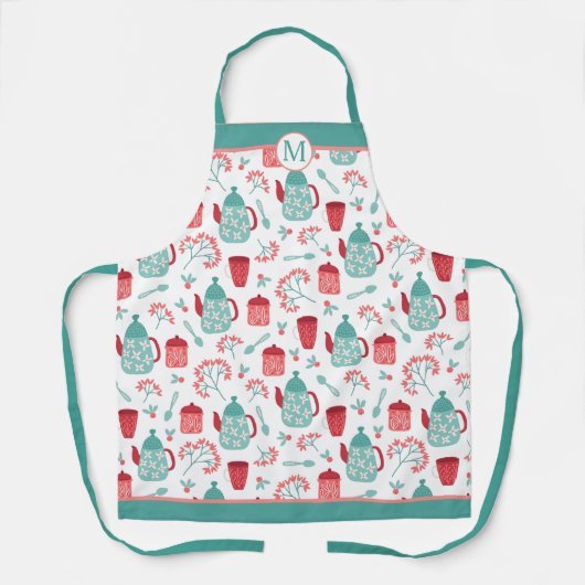 Red Blue Coffee Time Muster Monogram Schürze (Vorderseite)