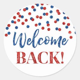 Red Blue Confetti Willkommen Back Round Aufkleber