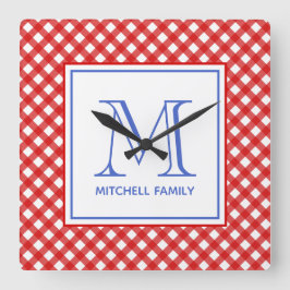 Red & Blue Country Style Gingham Pattern Monogram Quadratische Wanduhr