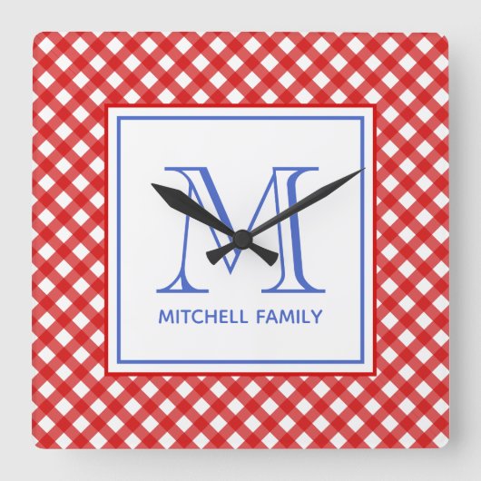 Red & Blue Country Style Gingham Pattern Monogram Quadratische Wanduhr (Vorderseite)