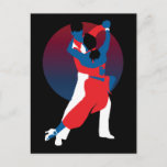 Red & Blue Dancing Silhouette - Tango-Tänzer Postkarte<br><div class="desc">Rote,  weiße und blaue Vektorgrafik eines Paares,  das den argentinischen Tango vor dem Sonnenuntergang tanzt. Sind die Tänzer Liebhaber? Wir wissen es nicht wirklich,  aber sie werden sicher am Ende dieses sinnlichen Gesellschaftstanz sein! Postkarte für Tango Liebhaber.</div>