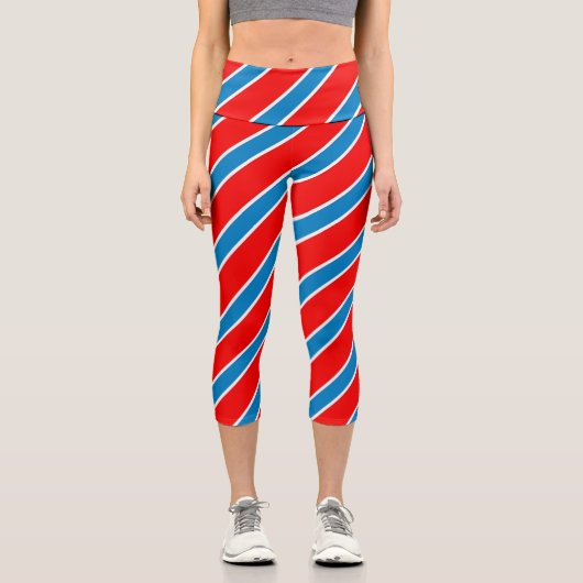 Red Blue Diagonal Stripe Capri Leggings (Vorderseite)
